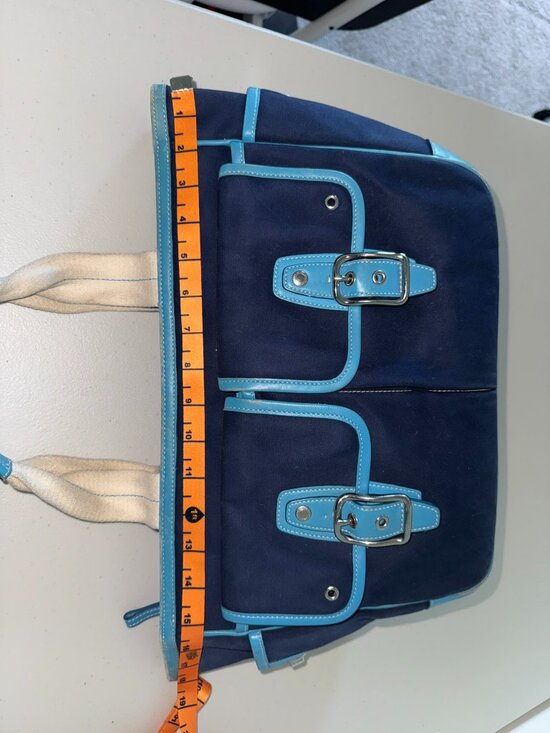 Coach Navy and Teal Strap Coach Navy Signature Canvas Chelsea Tote with Teal Leather  main image 4